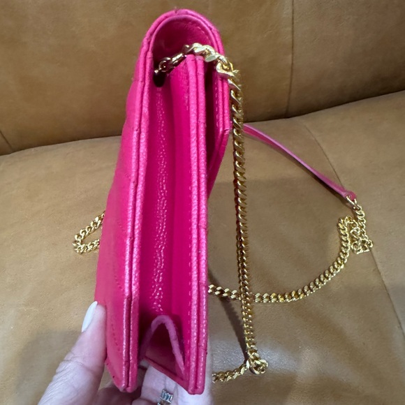 YSL Saint Laurent Bright Pink Chevron Quilted Caviar Leather Wallet on Chain WOC - Picture 4 of 17